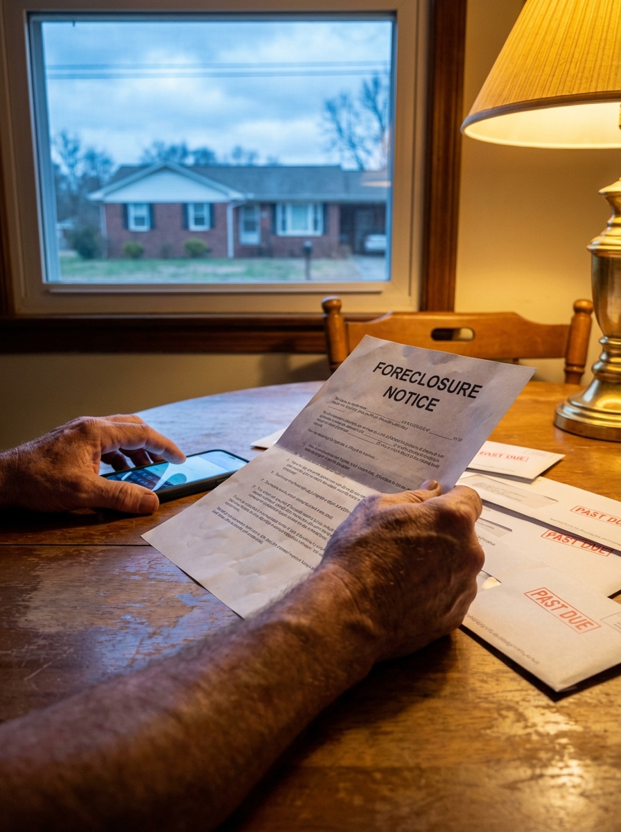 North Carolina home in pre-foreclosure with a for-sale sign in the yard